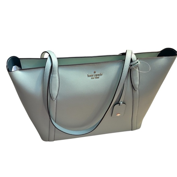 NWT ♠️ Kate Spade Cara Tote Bag Large Seawater Green Gold Hardware Grain Leather - Picture 3 of 16